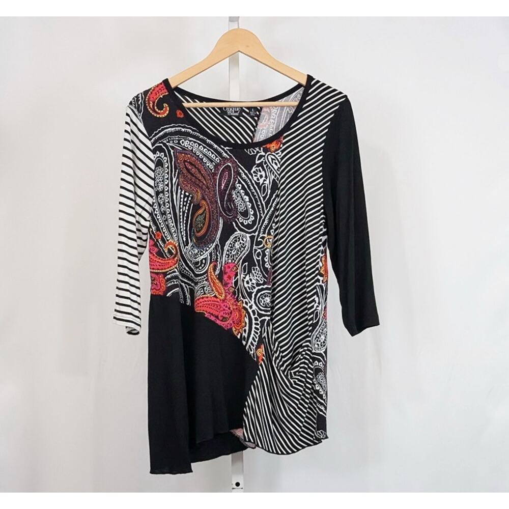 Onque Casuals Tunic Top Colorful Paisley Stripe Print Misses Size L